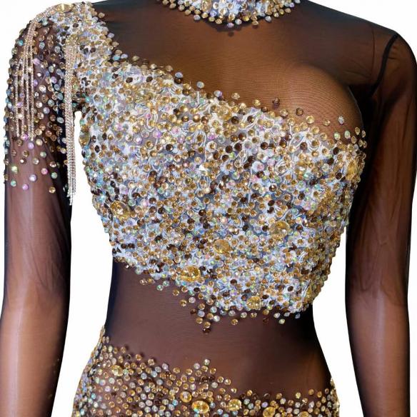 Black & nude color rhinestone mesh dress