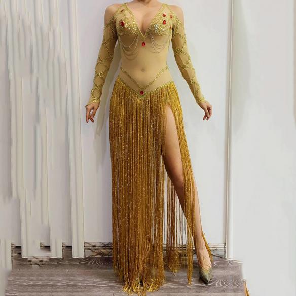 Gold Rhinestones Long Fringed Dress