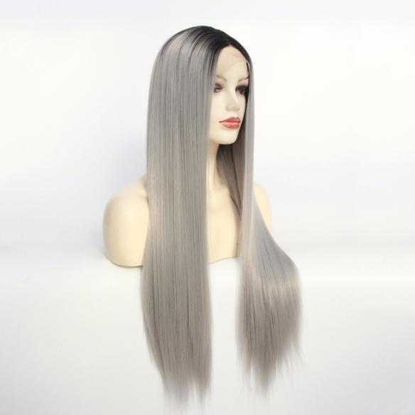 Long Straight Grey With Dark Root Drag Wig
