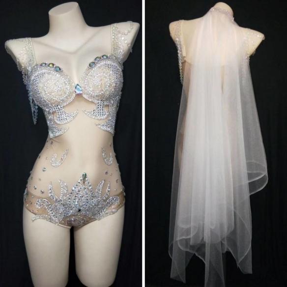 Rhinestone and Pearl Mantilla Leotard