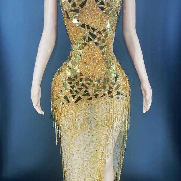 Yellow Rhinestone Bead Sequin Dress