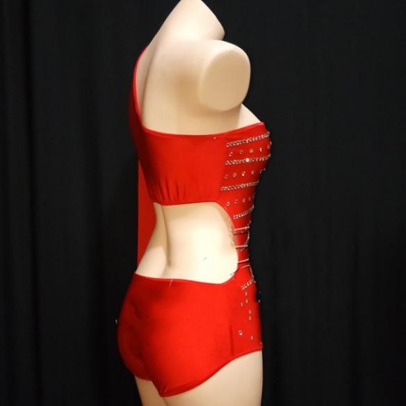 Red Rhinestones One Shoulder Leotard
