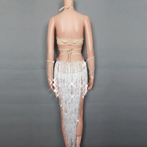 Silver Carnival Fringe Crystallized Bodysuit Clubwear