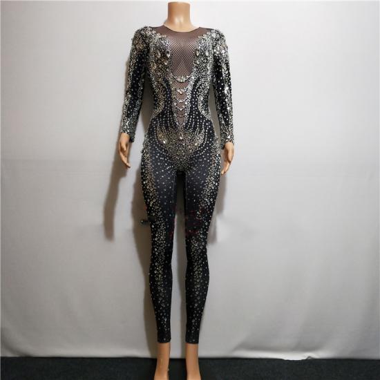 Black Rhinestone Rave Bodysuit Costumes Raywigs
