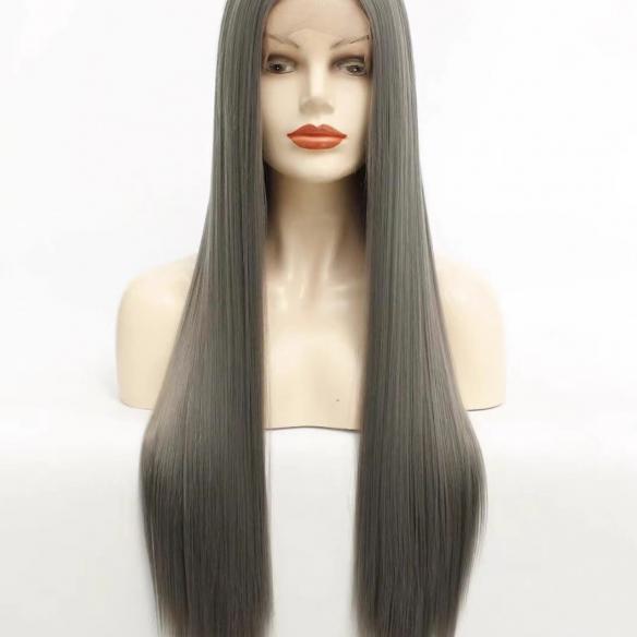 Long grey synthetic lace front drag wig