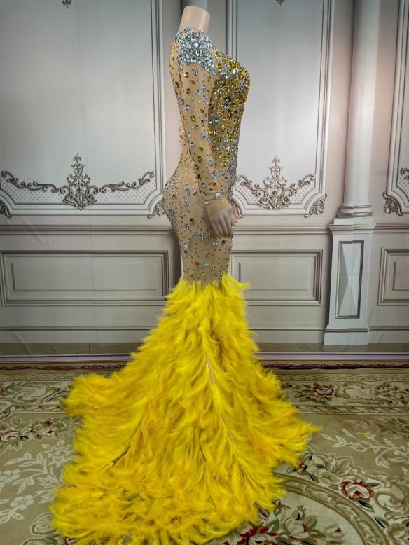 Yellow Feather With Rhinestone Gown