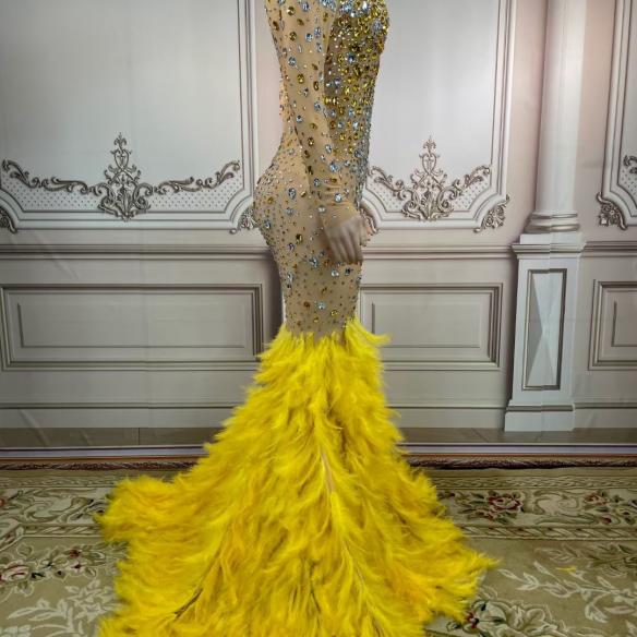Yellow Feather With Rhinestone Gown