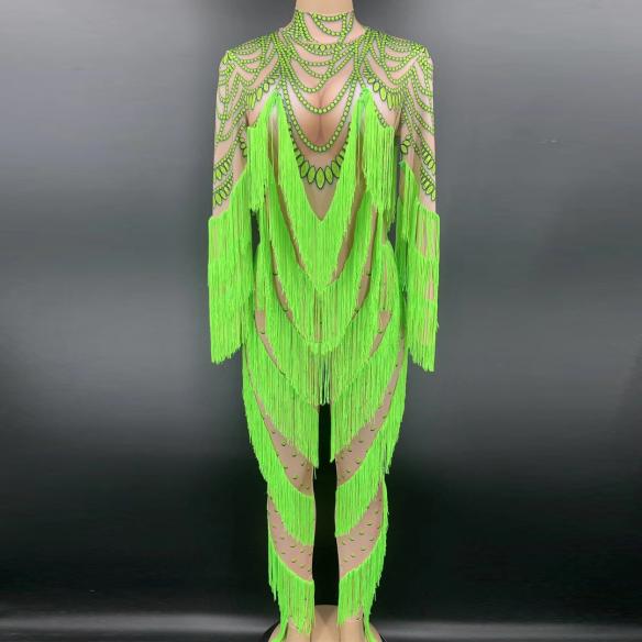 Fluorescent Green Bead Print Tassel Bodysuit
