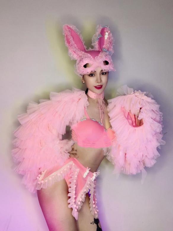 Full Set Pink Rabbit Costume (include coat & mask)