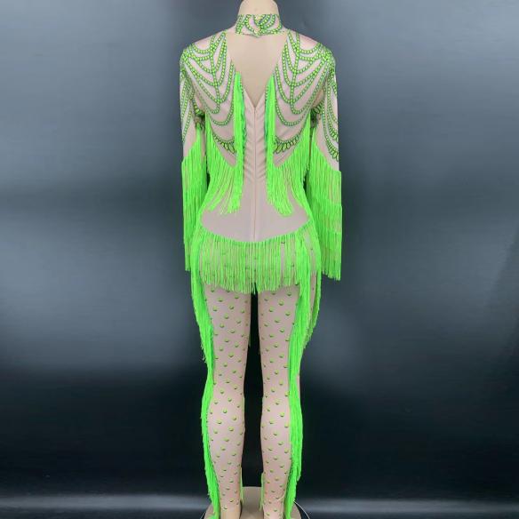 Fluorescent Green Bead Print Tassel Bodysuit