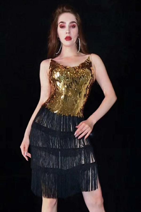 Gold Sequin Black Tassel Slip Dress Costumes Raywigs
