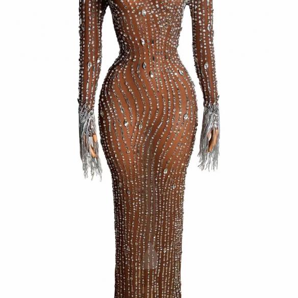 Long-sleeve Fringed Beaded Maxi Dress