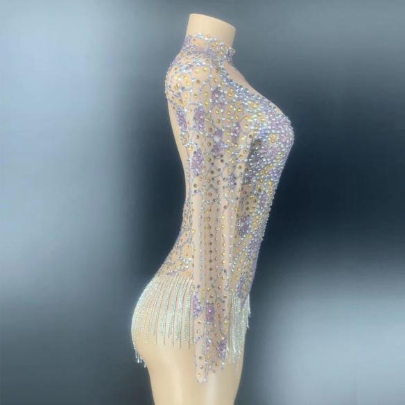 Purple Rhinestone Tassel Leotard