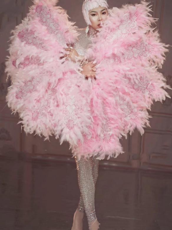 Pink Feather Long Dress (includes hat & fan)