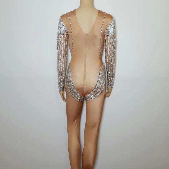Skincolor White Pattern Rhinestone Bodysuit