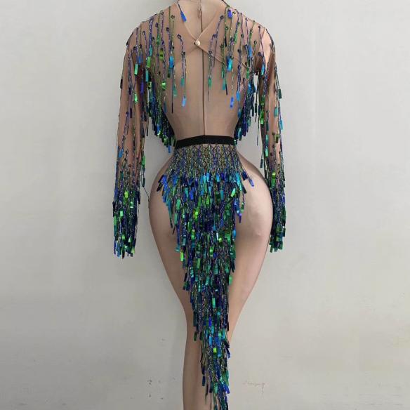 Blue and Green Sequin Tassel Dress