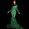 Green Rhinestones Feather Trailing Dress