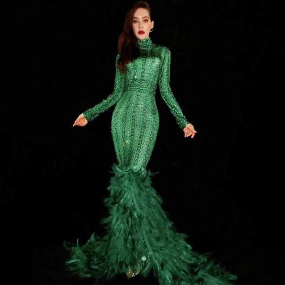 Green Rhinestones Feather Trailing Dress
