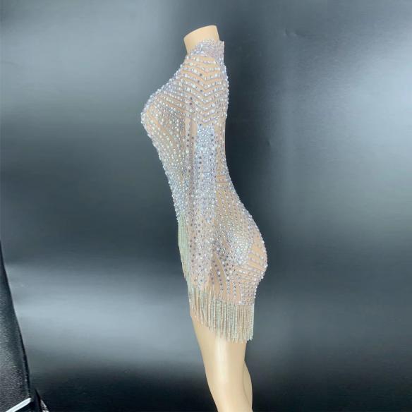 Rhinestone and Pearl High Split Short Dress 