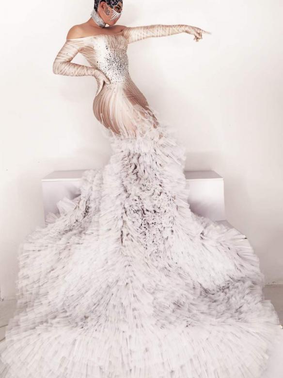 White Mesh Trailing Dress