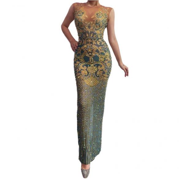 Blackish Green Rhinestoned Long Dress