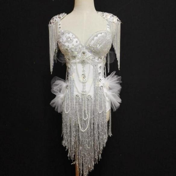 White Fringed Crystallized Epaulette Leotard - Costumes - Raywigs