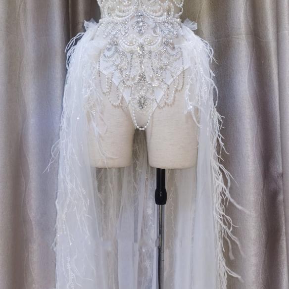 White Rhinestone Leotard With Trailing Dress