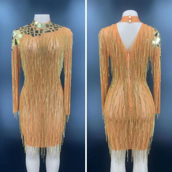Golden Orange Sequin Tassel Dress