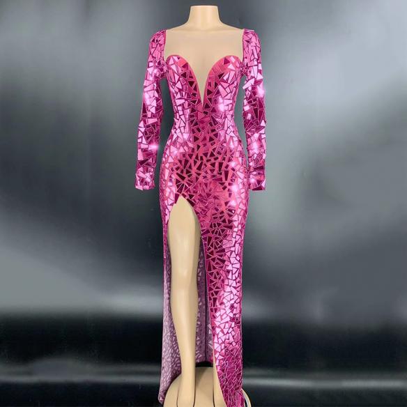 Red Sequin High Split Long Dress