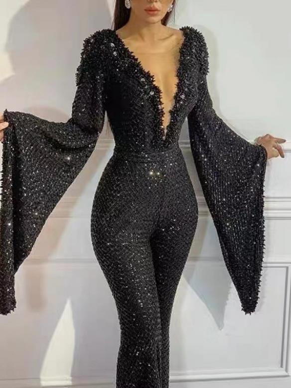 Black sequin wide sleeves jumpsuit