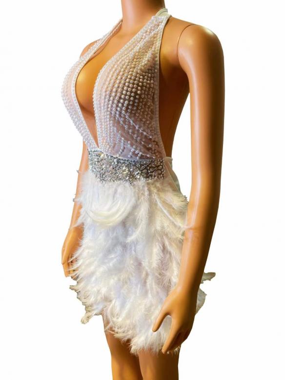 White sleeveless feather dress