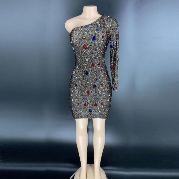 Black Single Sleeve Rhinestone Short Dress