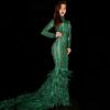 Green Rhinestones Feather Trailing Dress