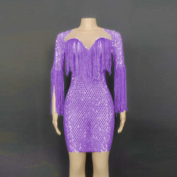 Purple Rhinestone Tassel Dress