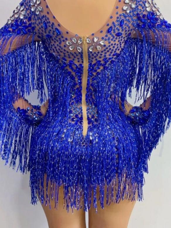 Blue Diamond Drag Fringe Bodysuit