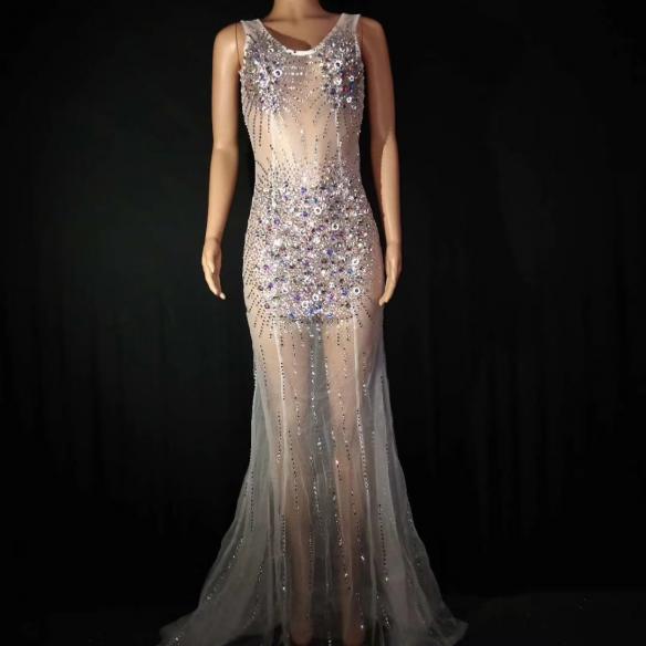 Multi- color Rhinestone Transparent Dress