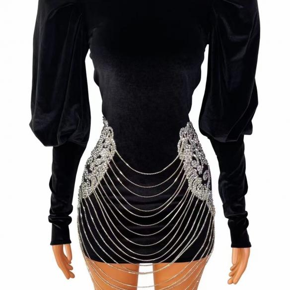 Customize Black Velvet Rhinestone Dress