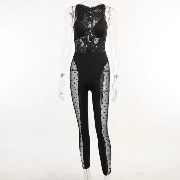 Black mesh hollow out bodysuit