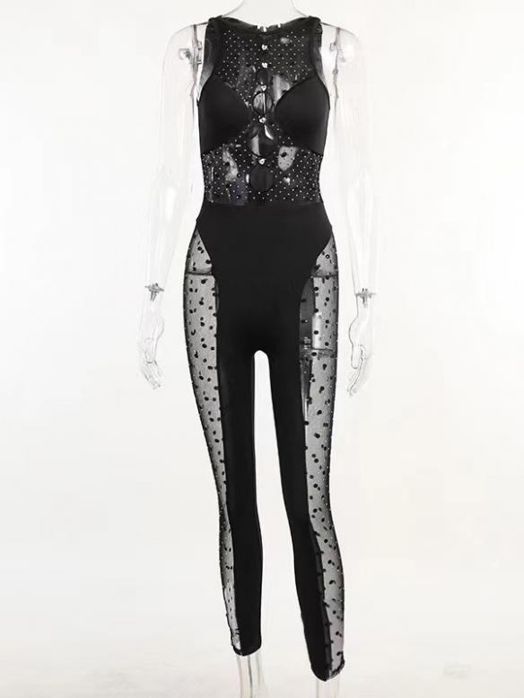 Black mesh hollow out bodysuit