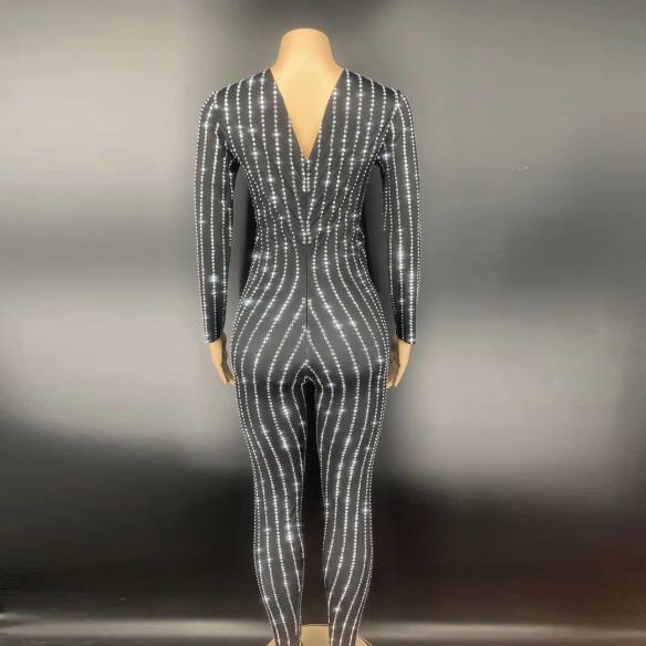 Black Silver Rhinestone Stripe Bodysuit