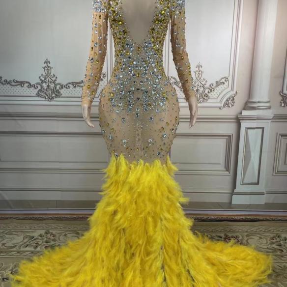 Yellow Feather With Rhinestone Gown