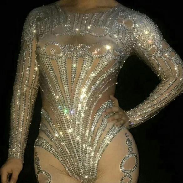 Skincolor White Pattern Rhinestone Bodysuit