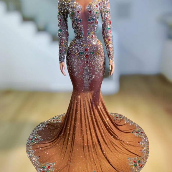 Customized shiny rhinestone trailing dress