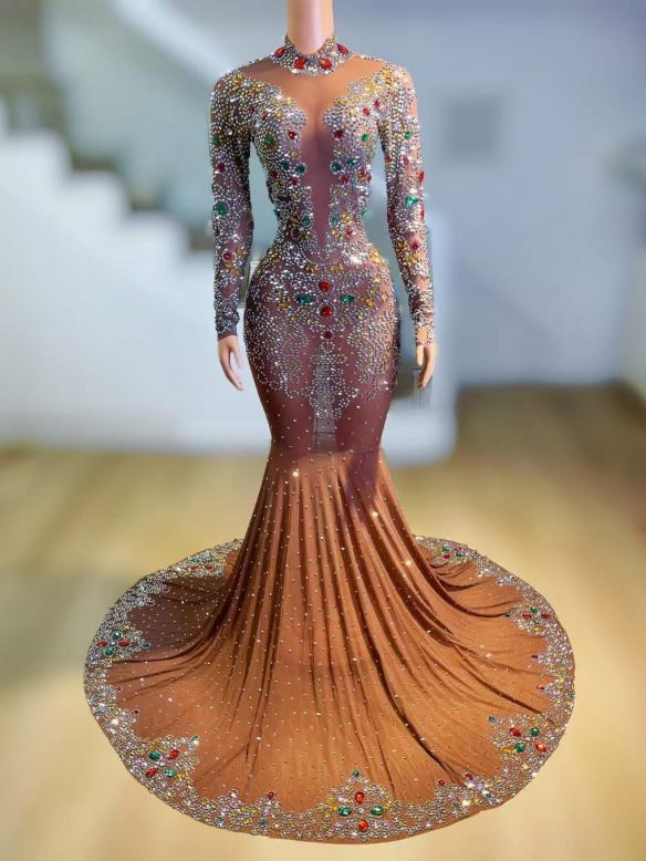Customized shiny rhinestone trailing dress