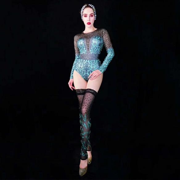 Light Blue Bodysuit With Black Rhinestones