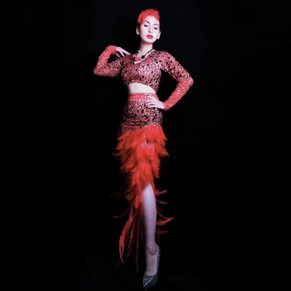 Red Rhinestones Feather Trailing Dress