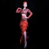 Red Rhinestones Feather Trailing Dress